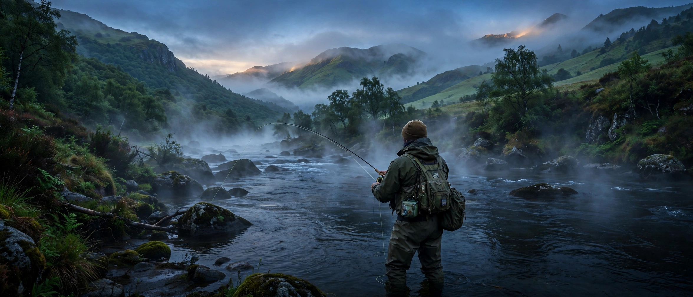 Pescador en un río asturiano al amanecer
